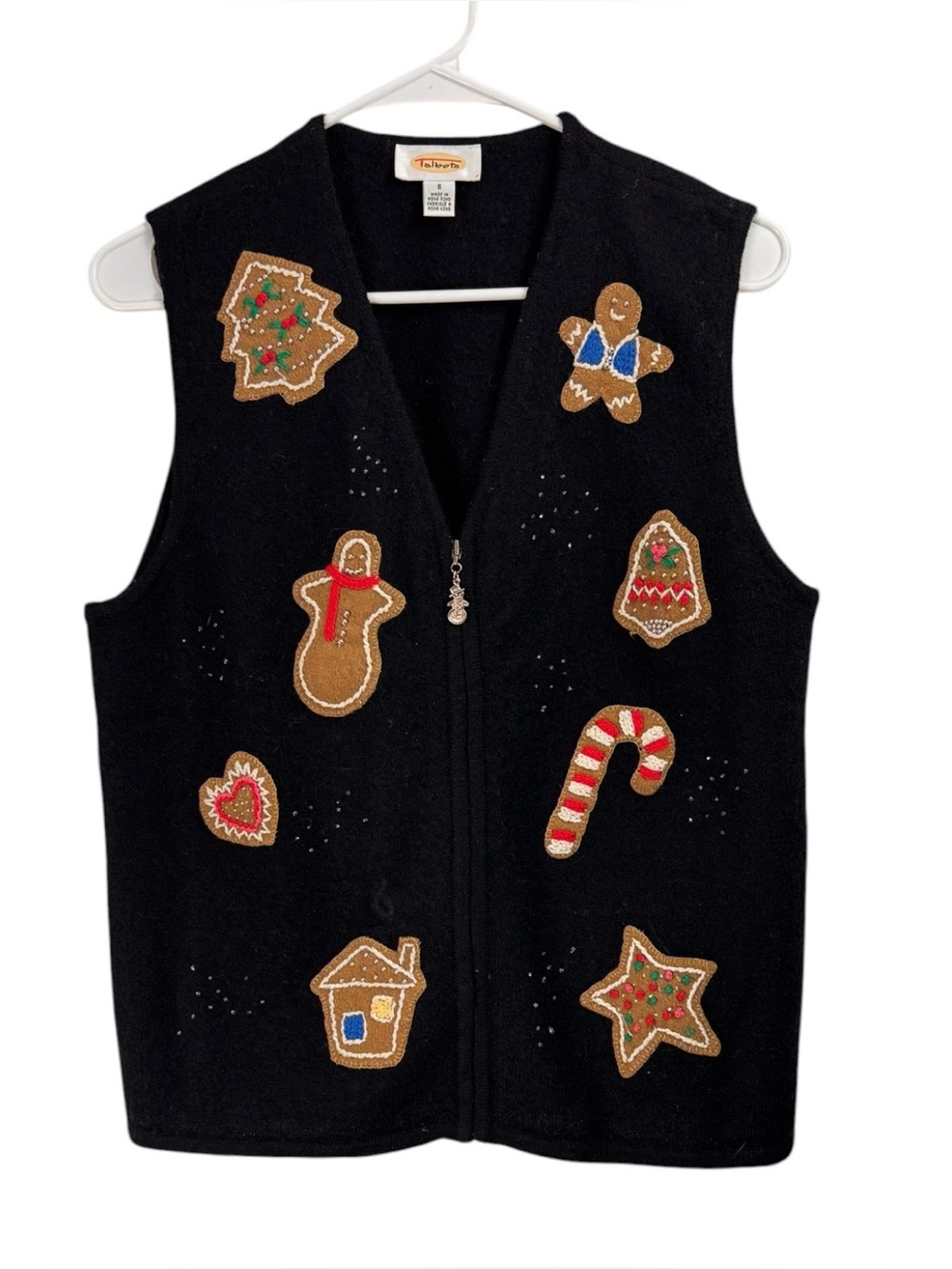 Vintage Talbots Size Small 100% Wool Gingerbread Man Christmas Sweater Zip Vest